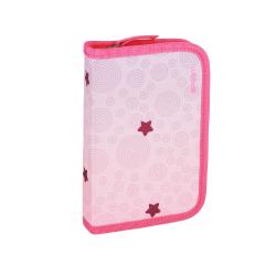 Rucksack in lila und rosa mit Sternen und spiralförmigen Mustern. Enthält ein Federmäppchen, eine Sporttasche und eine Geldbörse.