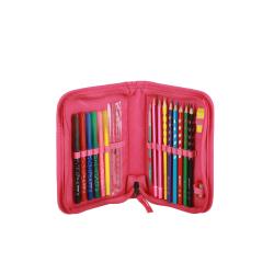 Rucksack in lila und rosa mit Sternen und spiralförmigen Mustern. Enthält ein Federmäppchen, eine Sporttasche und eine Geldbörse.