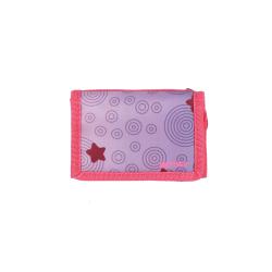 Rucksack in lila und rosa mit Sternen und spiralförmigen Mustern. Enthält ein Federmäppchen, eine Sporttasche und eine Geldbörse.