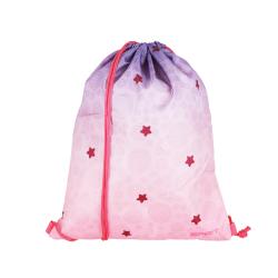 Rucksack in lila und rosa mit Sternen und spiralförmigen Mustern. Enthält ein Federmäppchen, eine Sporttasche und eine Geldbörse.