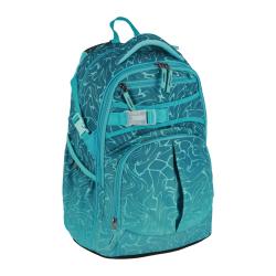 Türkisfarbener Rucksack mit einem wellenförmigen Muster. Mehrere Fächer und ein Tragegriff oben.