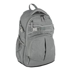 grauer Rucksack mit mehreren Fächern. Gepolsterte Rückseite und Tragegurte. Reißverschlüsse und Schnallen sichtbar.