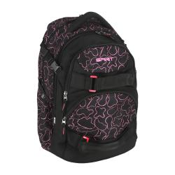schwarzer Rucksack mit pinkem Muster. Zwei große Fächer, mehrere kleinere Taschen. Gepolsterte Träger.