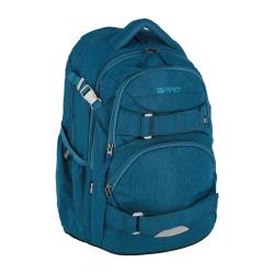 Türkisfarbener Rucksack mit mehreren Fächern. Gepolsterte Träger und ein stabiler Griff.