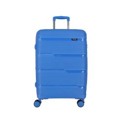 Blauer Koffer mit gerillter Oberfläche. Ausgestattet mit einem ausziehbaren Griff und vier Rollen.