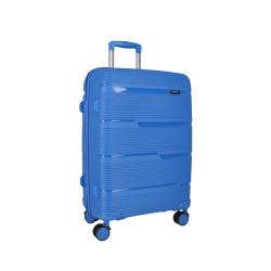 Blauer Koffer mit gerillter Oberfläche. Ausgestattet mit einem ausziehbaren Griff und vier Rollen.