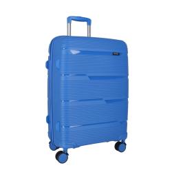 blauer Koffer mit strukturiertem Design. Ausgestattet mit Rollen und einem ausziehbaren Griff.