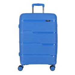 blauer Koffer mit gerillter Oberfläche. Teleskopgriff und vier Rollen. Kompakt und leicht.
