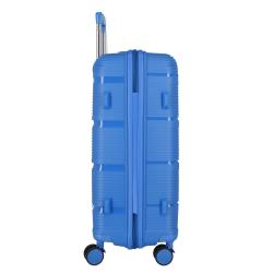 blauer Koffer mit gerillter Oberfläche. Teleskopgriff und vier Rollen. Kompakt und leicht.