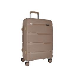 Beige Hartschalenkoffer mit horizontalen Rillen. Ausgestattet mit einem ausziehbaren Griff und vier Rollen.