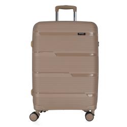 Beige Hartschalenkoffer mit strukturiertem Design. Ausgestattet mit vier Rollen und einem Teleskopgriff.