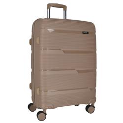 Beige Hartschalenkoffer mit strukturiertem Design. Ausgestattet mit vier Rollen und einem Teleskopgriff.