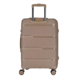 Beige Hartschalenkoffer mit strukturiertem Design. Ausgestattet mit vier Rollen und einem Teleskopgriff.