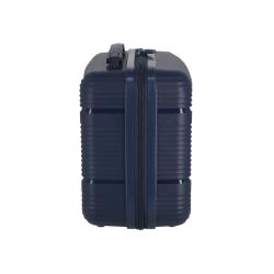 Dunkelblauer Koffer mit strukturiertem Design. Kompakt und mit einem Tragegriff.