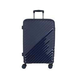 Hartschalenkoffer in dunkelblau mit diagonalen Rillen. Ausziehbarer Griff und vier Rollen.