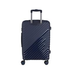 Hartschalenkoffer in dunkelblau mit diagonalen Rillen. Ausziehbarer Griff und vier Rollen.
