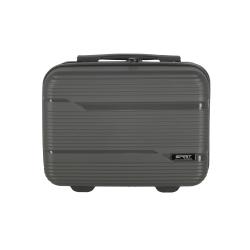 graue Hartschalenreisetasche mit horizontalen Streifen. Rechteckige Form, stabiler Griff oben. Logo 'SPIRIT' auf der Vorderseite.