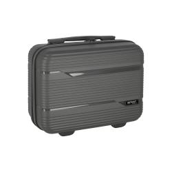 graue Hartschalenreisetasche mit horizontalen Streifen. Rechteckige Form, stabiler Griff oben. Logo 'SPIRIT' auf der Vorderseite.