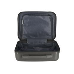 graue Hartschalenreisetasche mit horizontalen Streifen. Rechteckige Form, stabiler Griff oben. Logo 'SPIRIT' auf der Vorderseite.