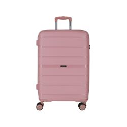 Rosa Koffer mit strukturiertem Design und vier Rollen. Der Griff ist teleskopierbar.