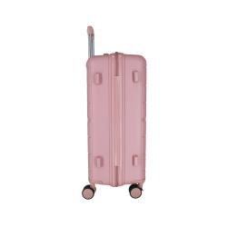 Rosa Koffer mit strukturiertem Design und vier Rollen. Der Griff ist teleskopierbar.