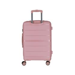 Rosa Koffer mit strukturiertem Design und vier Rollen. Der Griff ist teleskopierbar.