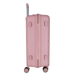 Rosa Hartschalenkoffer mit gestreifter Oberfläche. Ausgestattet mit einem ausziehbaren Griff und vier Rollen.