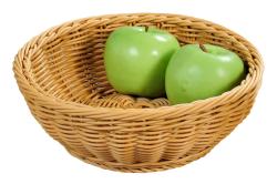 Korb aus geflochtenem Material mit zwei grünen Äpfeln. Der Korb hat eine runde Form.