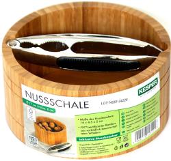 Runde Holzschale mit Walnüssen und einem Nussknacker. Die Schale hat eine glatte Oberfläche.