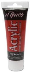 Rote Acrylfarbe in einer Tube. Aufschrift 'el Greco' und 'Acrylic'. Farbton: Karminrot.