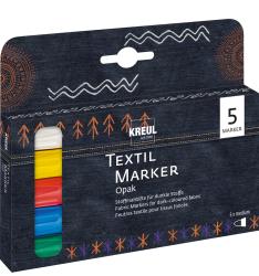 Packung mit fünf Textilmarkern in verschiedenen Farben. Geeignet für dunkle Stoffe.