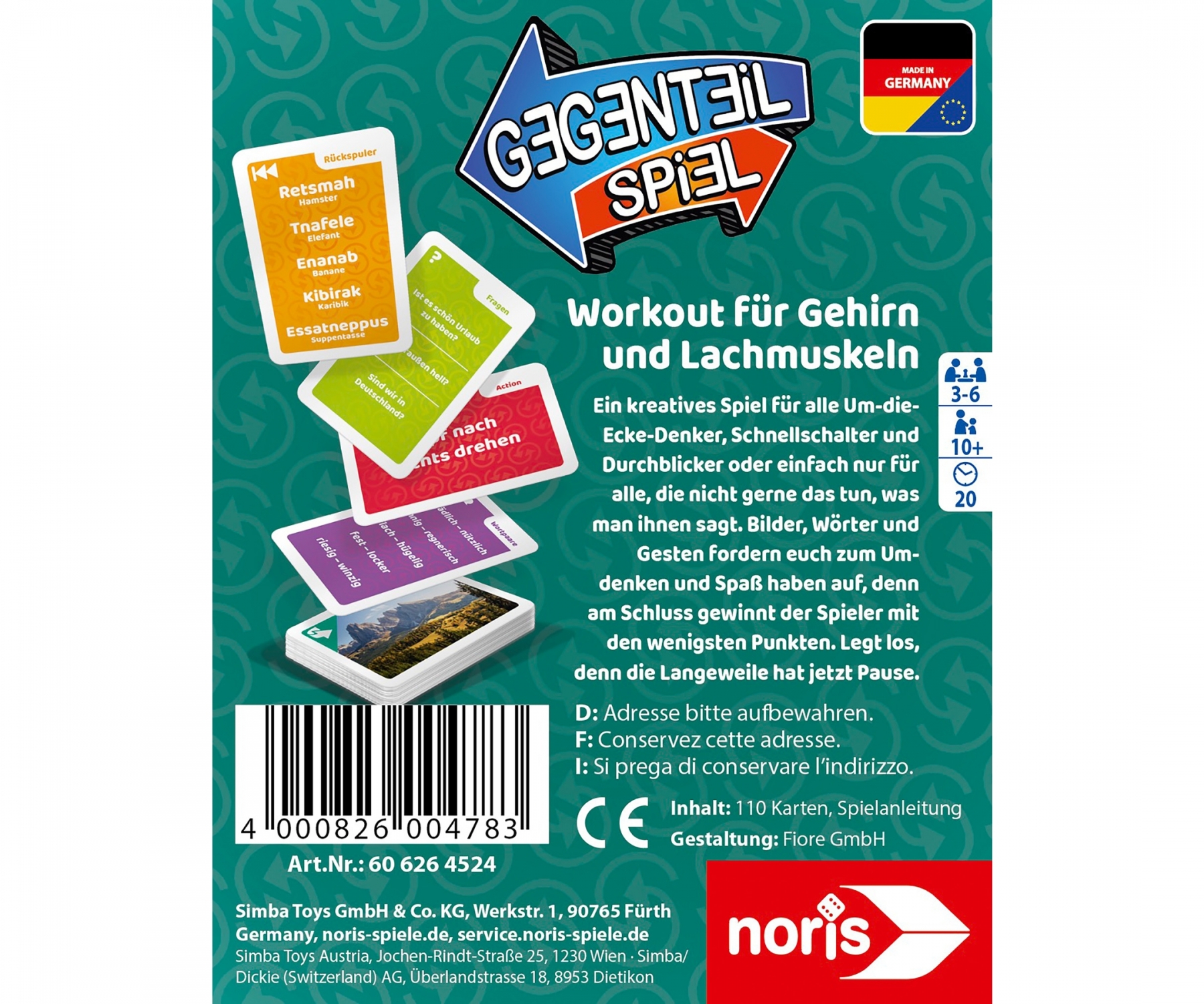 Spielverpackung mit dem Titel 'Gegenteil Spiel'. Bunte Karten und ein lustiges Fischmotiv sind abgebildet.