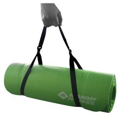 Grüne Yogamatte mit gerillter Oberfläche. Sie ist aufgerollt und hat eine glatte Kante.