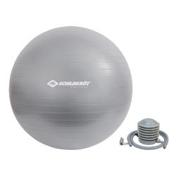 Verpackung eines Gymnastikballs in grau. Abgebildete Person sitzt auf dem Ball und trägt Sportbekleidung.
