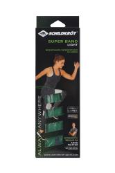 grüne Widerstandsbänder, flach und elastisch. Beschriftung mit 'Super Band Light', Gewicht 12-20 kg.