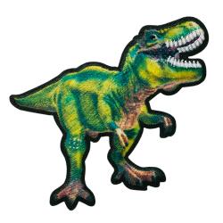 Ein aufgenähter Aufnäher eines Dinosauriers. Er zeigt einen grünen Tyrannosaurus Rex mit offenem Maul.
