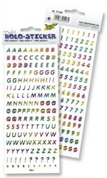 Holografische Aufkleber mit Buchstaben und Zahlen. Bunte Farben: Rot, Grün, Blau, Lila. Zwei Bögen, verschiedene Schriftgrößen.