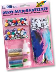 Bastelset mit über 600 Teilen. Enthält bunte Glitzersteine, Wackelaugen, Federn, Glitzer und Bastelkleber. Verpackt in einer durchsichtigen Folie.