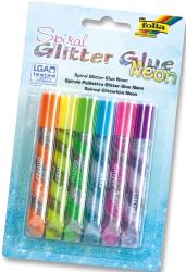 Set mit sechs Neon-Glitzerklebern in verschiedenen Farben. Die Verpackung ist transparent mit einem glitzernden Hintergrund.