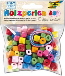 Bunte Holzperlen in verschiedenen Formen und Farben. Enthält eine Schnur zum Auffädeln.