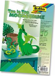 Packung mit buntem Moosgummi in verschiedenen Grüntönen. Abgebildet ist ein grüner Drache aus Moosgummi.