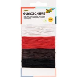 Paket mit Gummischnüren in vier Farben: weiß, rot, schwarz und braun. Jede Schnur ist 5 Meter lang.