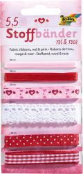 Set von Stoffbändern in rot und rosa. Sechs verschiedene Bänder, darunter ein Spitzenband. Längen von 50 cm bis 100 cm.