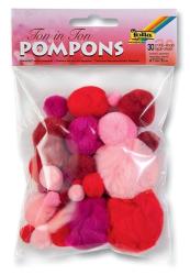30 Pompons in verschiedenen Rottönen und Rosa. Unterschiedliche Größen und Formen.