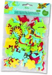 Bunte Filzstanzteile in verschiedenen Formen. Enthält Tiere, Sonnen und andere Motive.