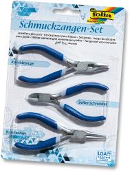 Set aus drei Schmuckzangen. Kombizange, Seitenschneider, Rundzange. Griffe in Blau, Metallteile glänzend.