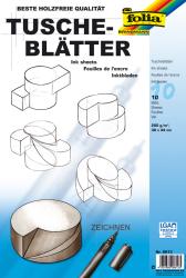 Packung mit Tuscheblättern. 10 Blätter, 200 g/m². Größe 30 x 44 cm. Abbildung von geometrischen Formen und einem Zeichenstift.