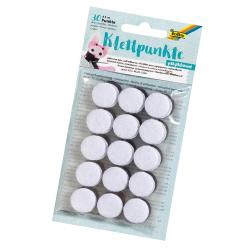 Packung mit 30 selbstklebenden Klettpunkten. Runde Form, weiß mit grauem Rückenteil.