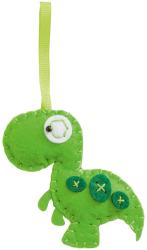 grünes Stofftier in Dinosaurierform mit einer Schlaufe zum Aufhängen. Es hat eine einfache, freundliche Gestaltung.