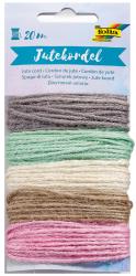 Jutekordel in verschiedenen Farben. Sechs Stränge: grau, mintgrün, beige, braun, rosa. Jede Rolle hat 20 Meter Länge.